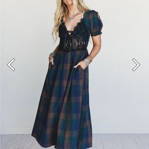 Three Bird Nest Plaid Maxi Dress with Lace Crochet Bodice